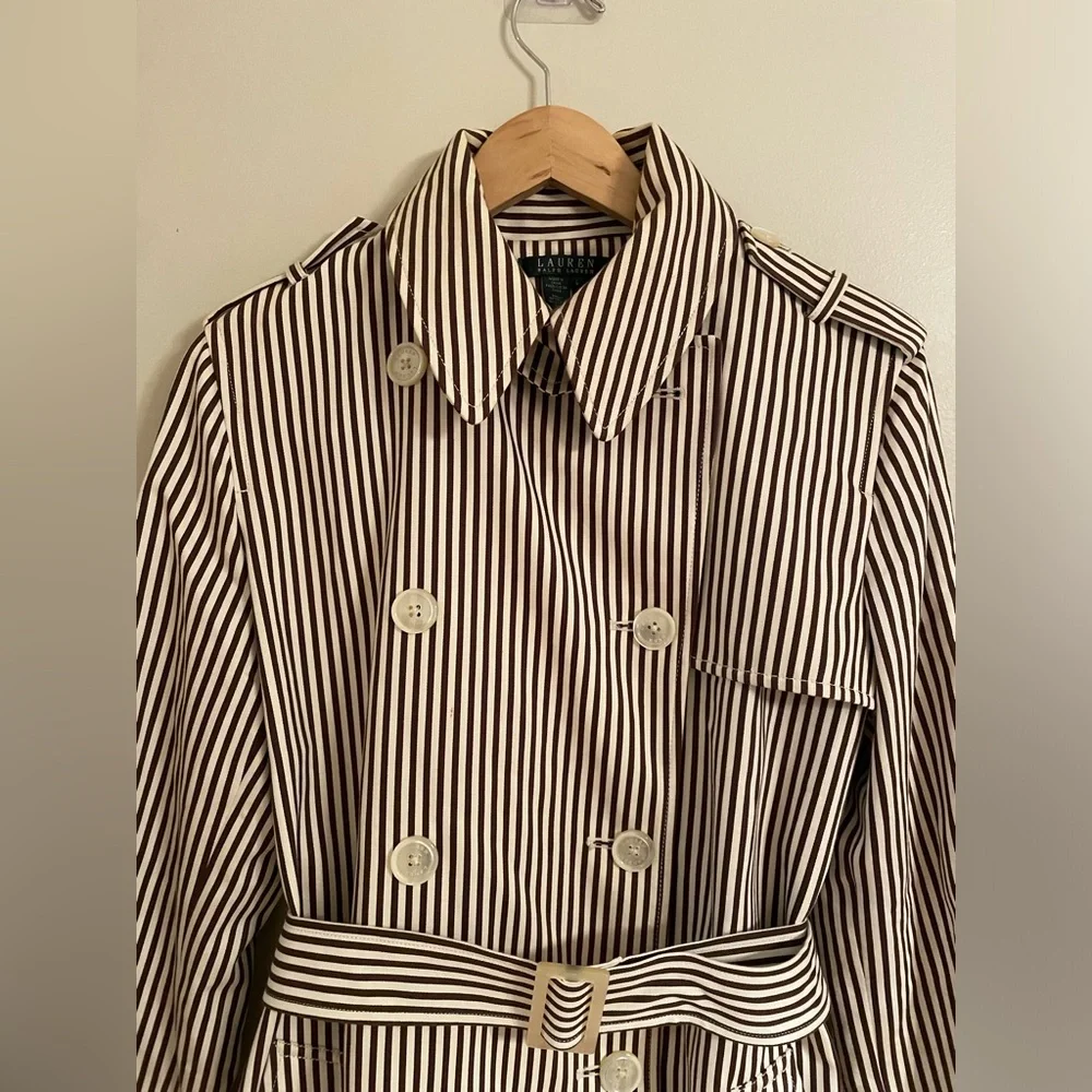 Lauren Ralph Lauren Women's Double Breasted Trench Coat Striped Coat Large - Picture 3 of 15